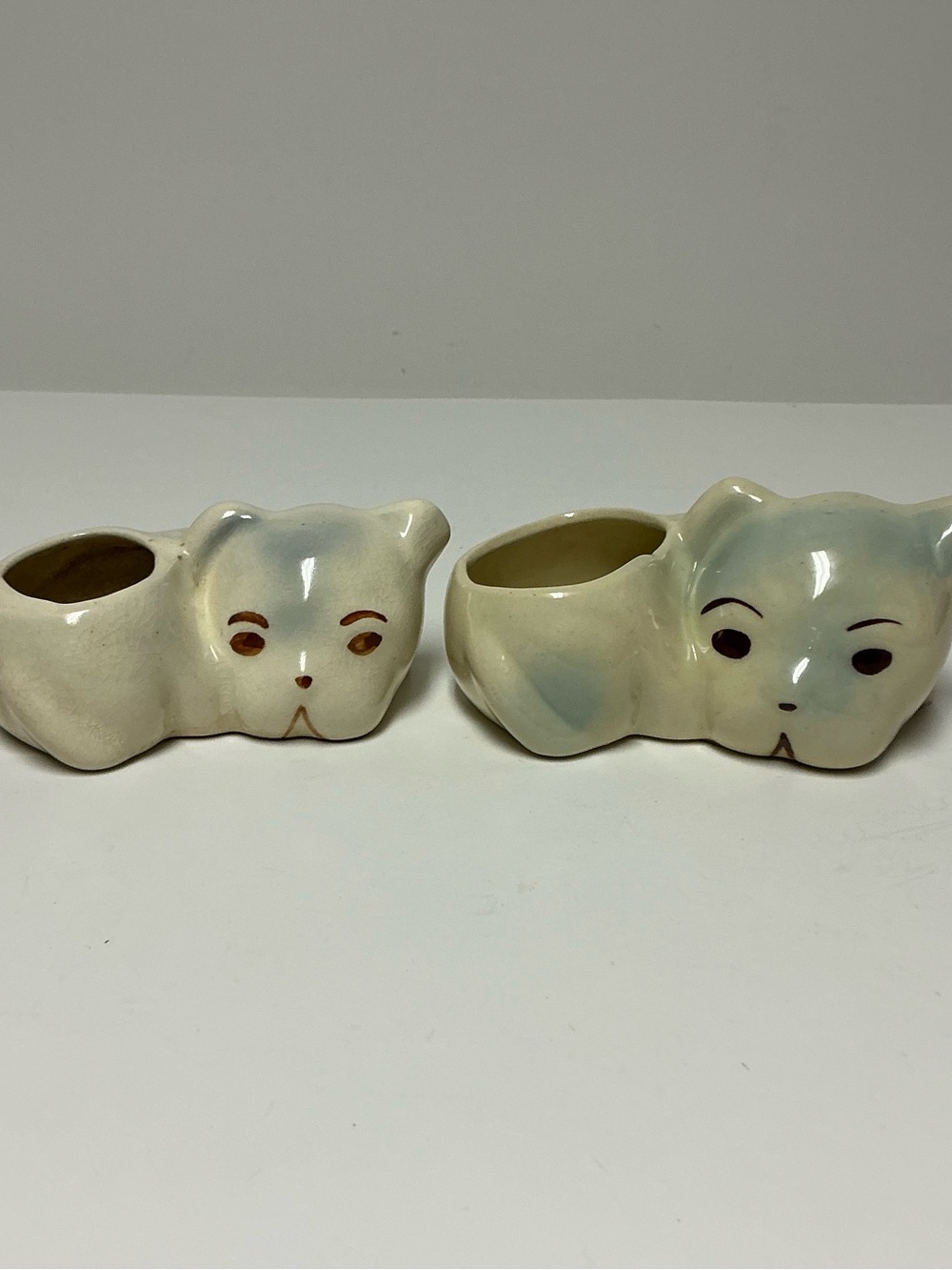 Vintage Ceramic Dog Planters - Set of 2 Pale Blue & Cream Bulldog Puppy Shawnee?